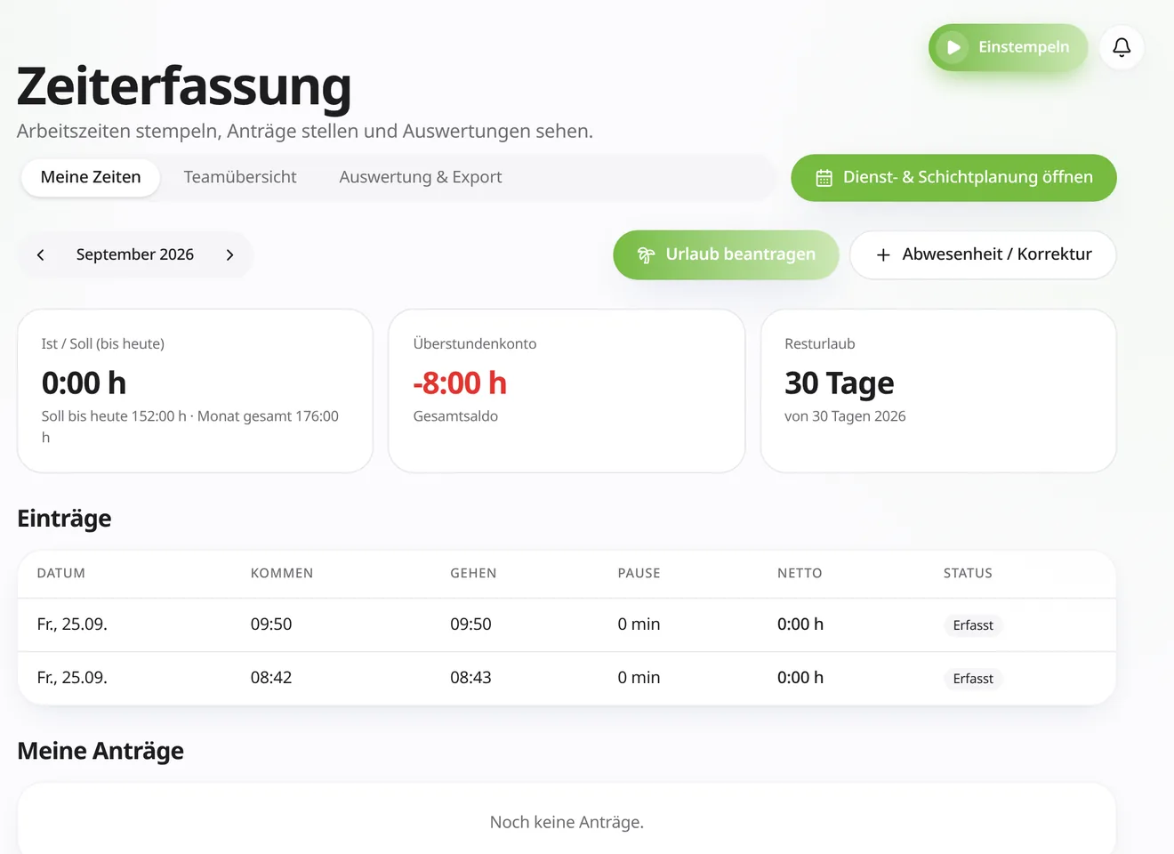 neuraOS Zeiterfassung mit Soll Ist Vergleich und Urlaub