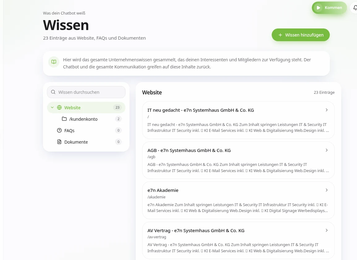 neuraOS Wissenszentrale mit Website Inhalten, Dokumenten und FAQs